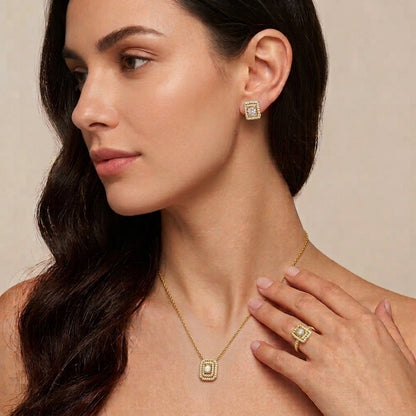 Model wearing the radiant rectangle lab grown diamond pendant necklace