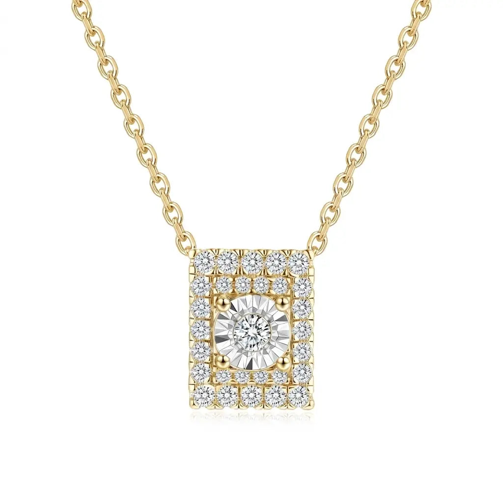 Yellow gold tone lab grown diamond pendant necklace worn by model