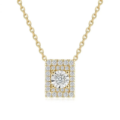 Yellow gold tone lab grown diamond pendant necklace worn by model